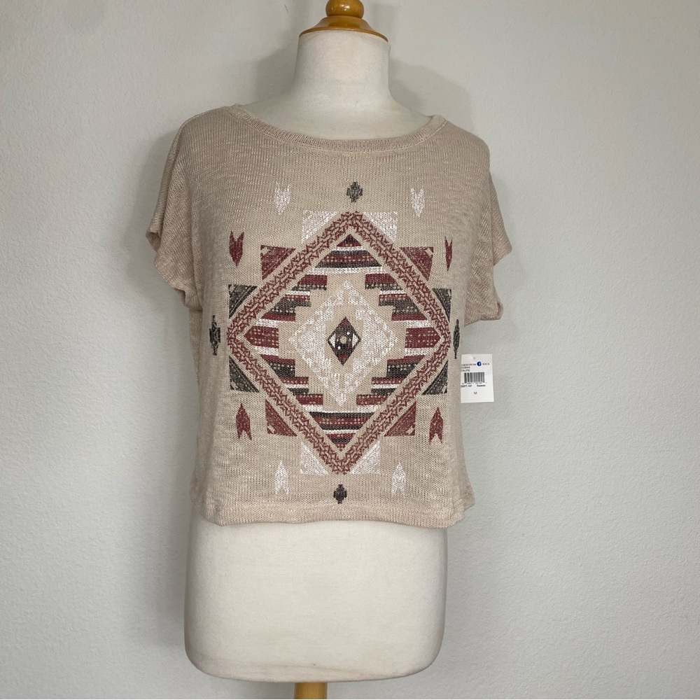 NWT New Chloe K Taupe Tan Aztec Knit Boxy Stretch Top Size Medium Bohemian Girly
